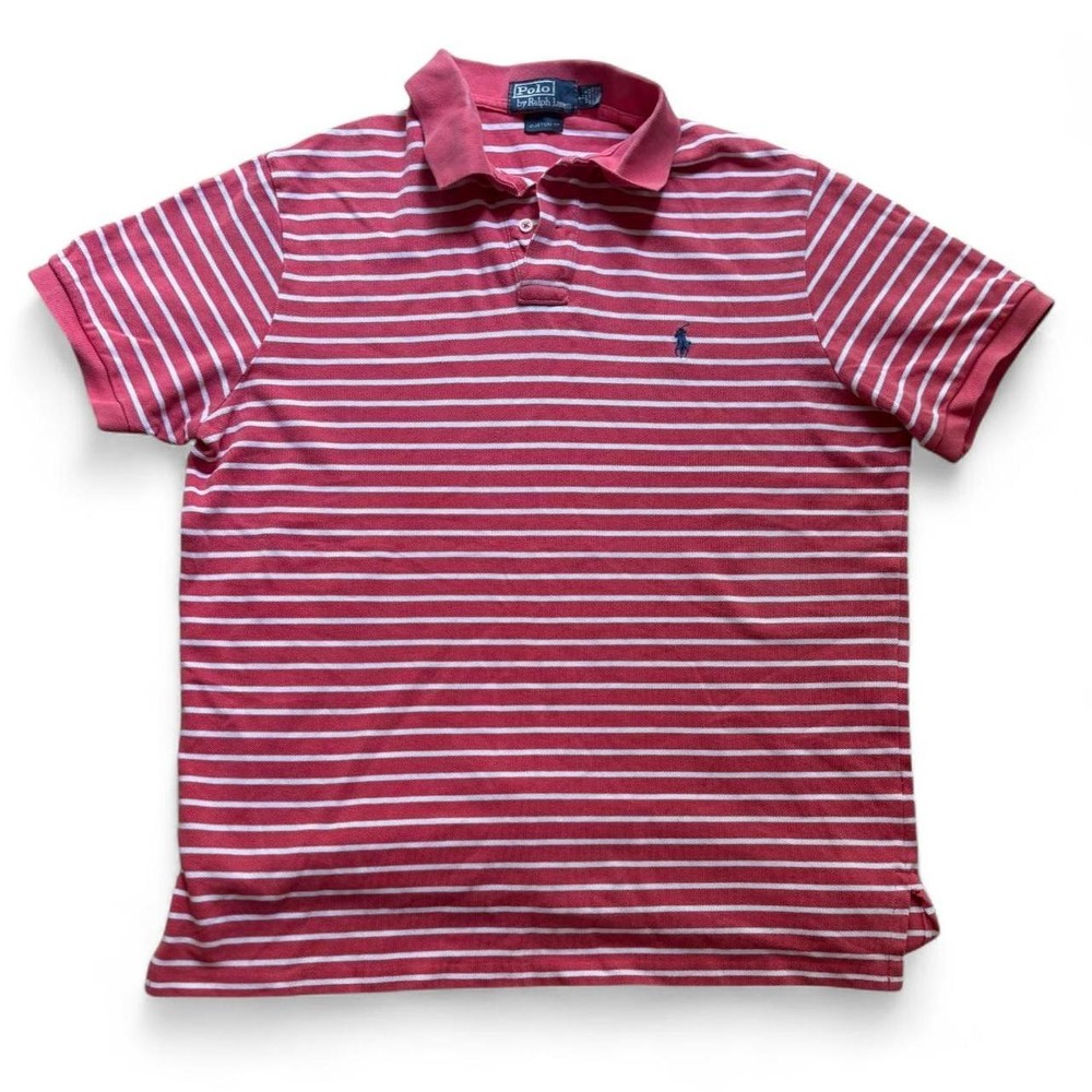 Polo Ralph Lauren Mens Red White Striped Custom Fit Polo Shirt Large